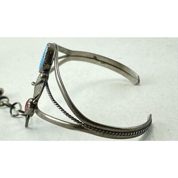VTG Native American Slave Cuff Bracelet Ring Coral Turquoise on Sterling Silver - Picture 12 of 16
